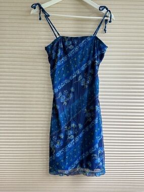 Vintage Y2K Floral Slip Dress Blue Spaghetti Adjustable Strap